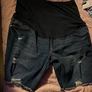 Maternity Denim Shorts with Black Panel